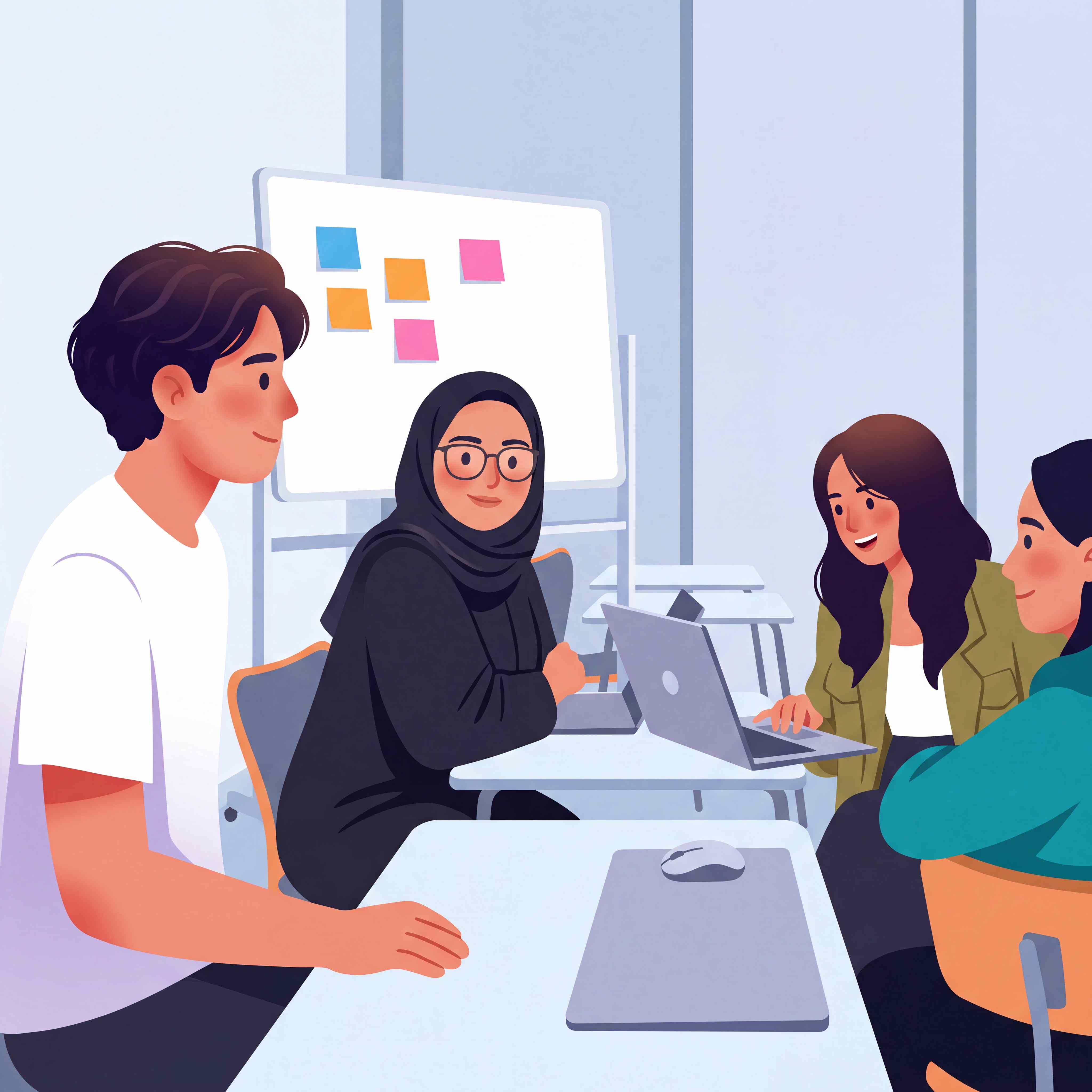 Students collaborating around a table at a club meeting with a whiteboard of ideas behind them