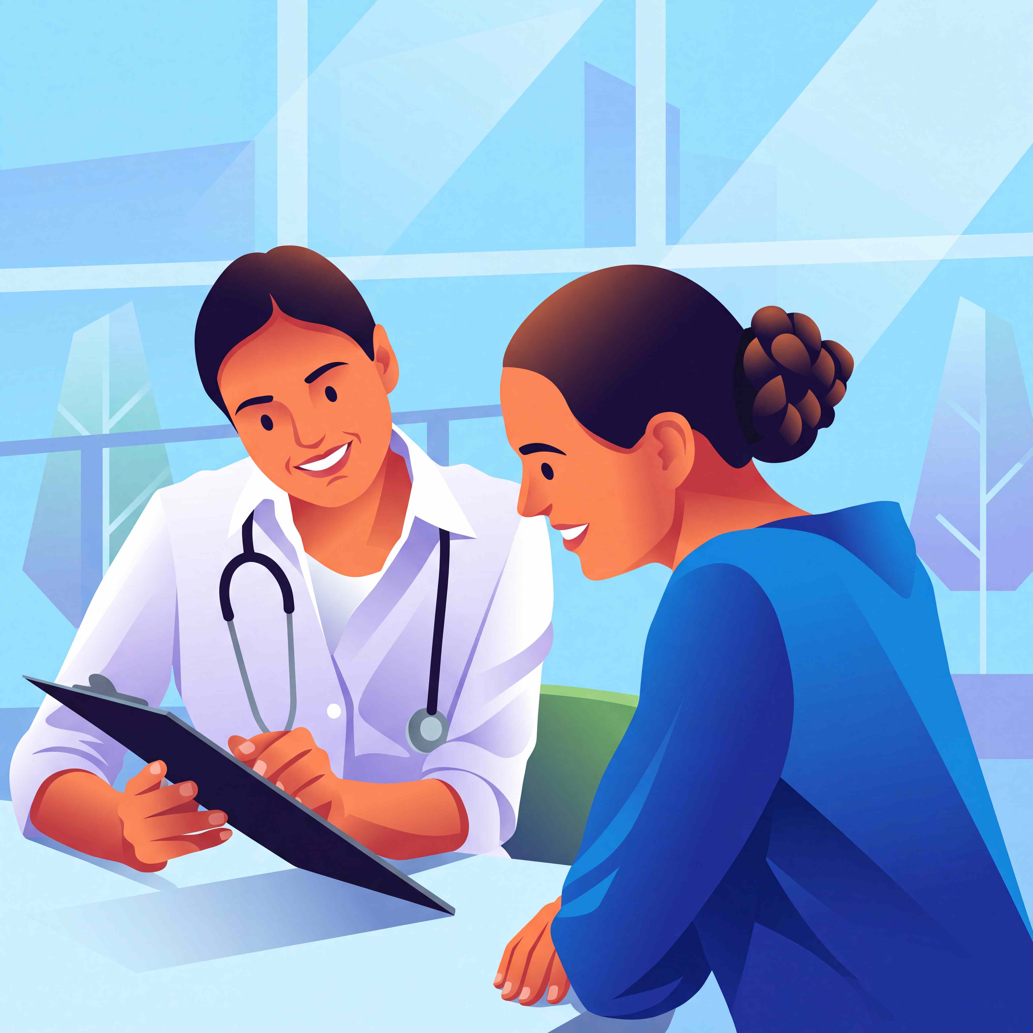 A doctor reviewing notes on a clipboard with a student during a consultation