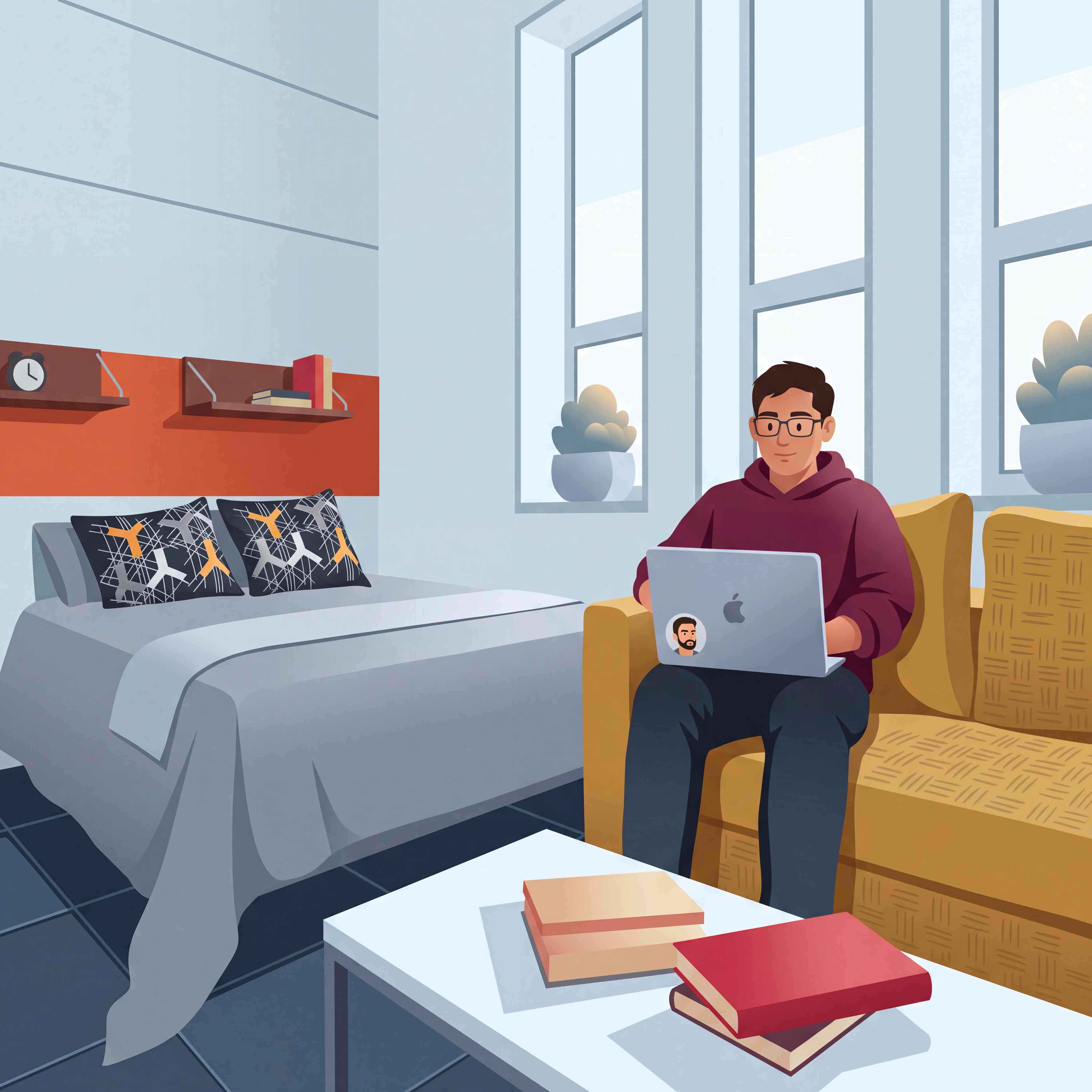 A student studying on a laptop in a campus residence room beside a made bed and tall windows
