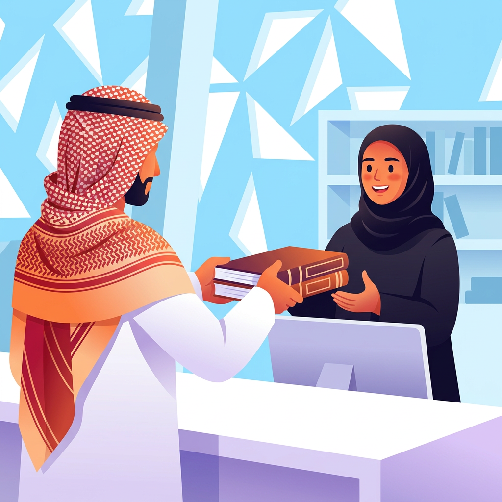 A student borrowing books from a librarian at the library service desk