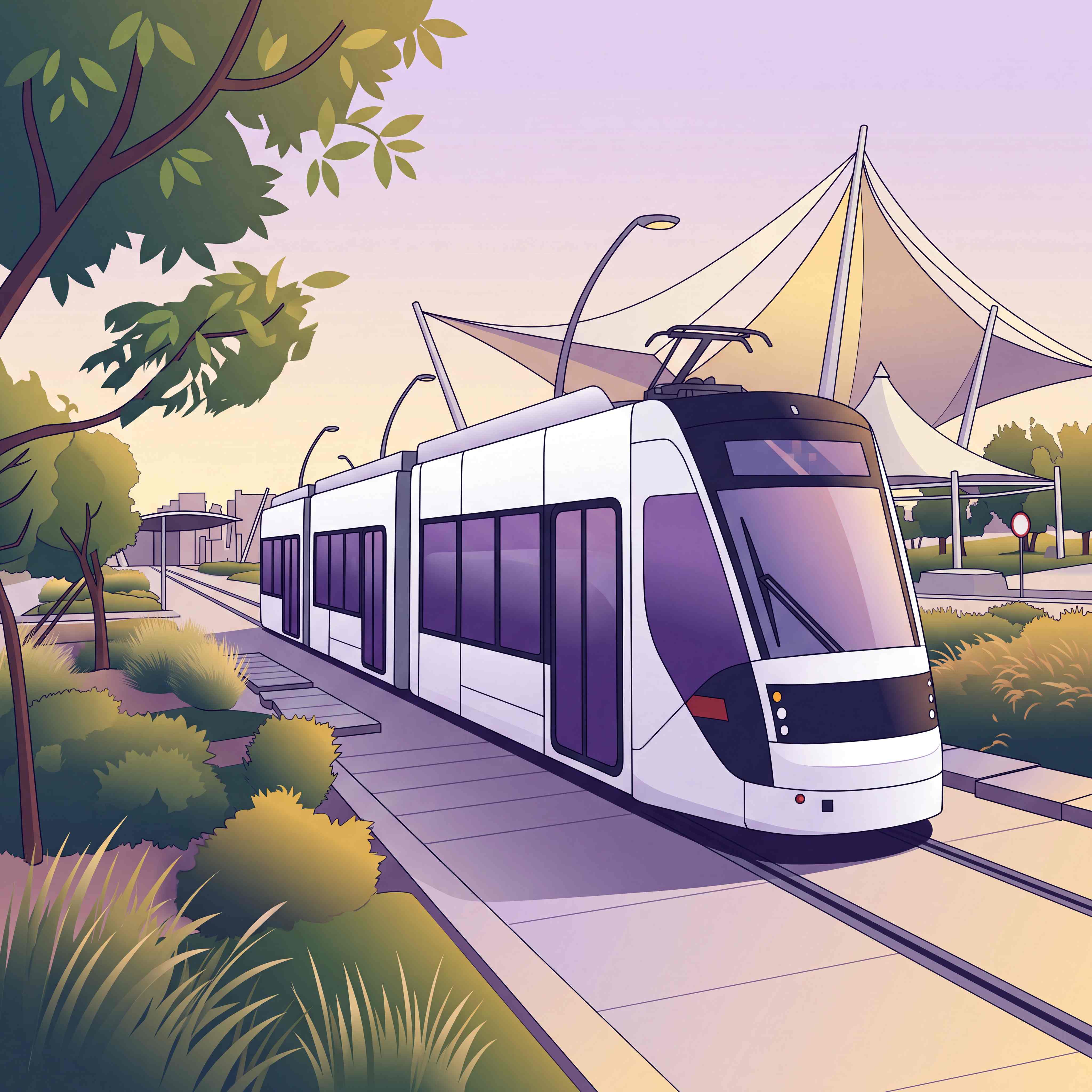 A tram arriving at an Education City platform beside the campus shade canopies